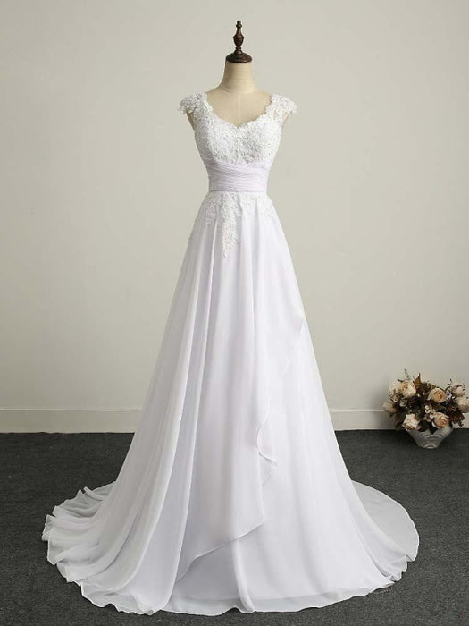 Appliques V-Neck Lace-Up Chiffon Wedding Dresses - wedding dresses