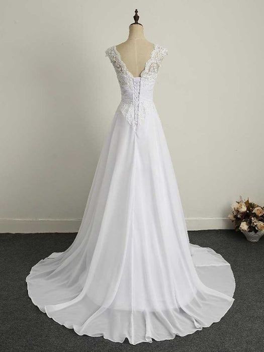 Appliques V-Neck Lace-Up Chiffon Wedding Dresses - wedding dresses