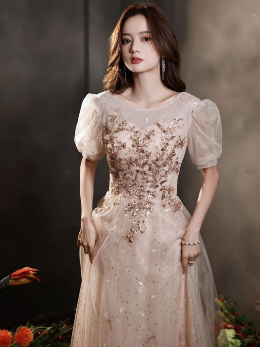 Apricot Evening Dress A-Line Jewel Neck Half Sleeves Lace-up Applique Floor-Length Lace Formal Dinner Dresses