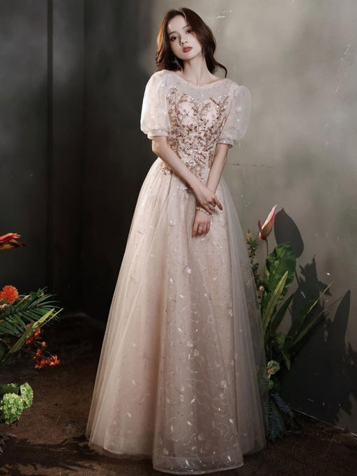 Apricot Evening Dress A-Line Jewel Neck Half Sleeves Lace-up Applique Floor-Length Lace Formal Dinner Dresses