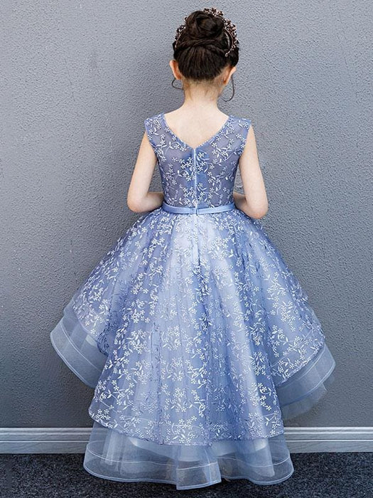 Flower Girl Dresses V-Neck Lace Sleeveless Asymmetrical Princess Silhouette Bows Kids Party Dresses