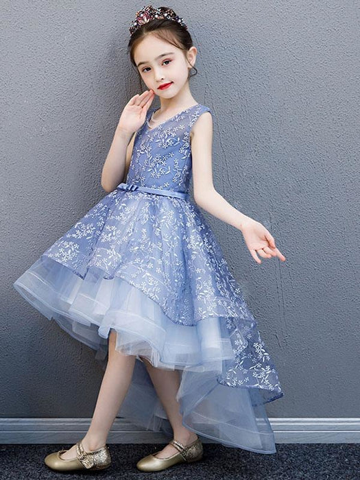 Flower Girl Dresses V-Neck Lace Sleeveless Asymmetrical Princess Silhouette Bows Kids Party Dresses