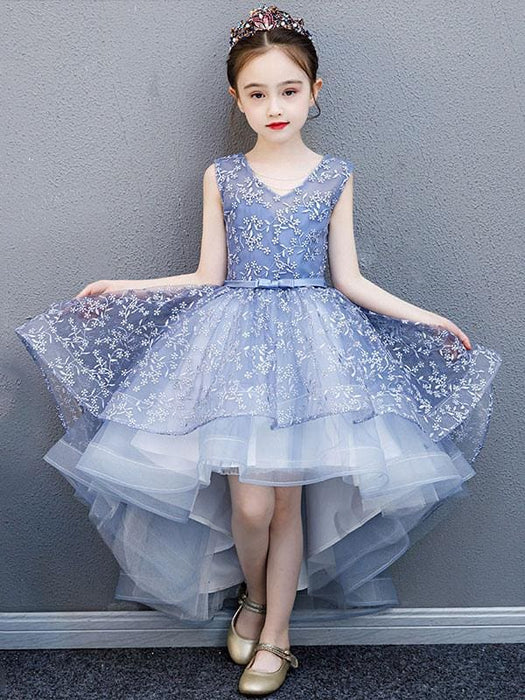 Flower Girl Dresses V-Neck Lace Sleeveless Asymmetrical Princess Silhouette Bows Kids Party Dresses