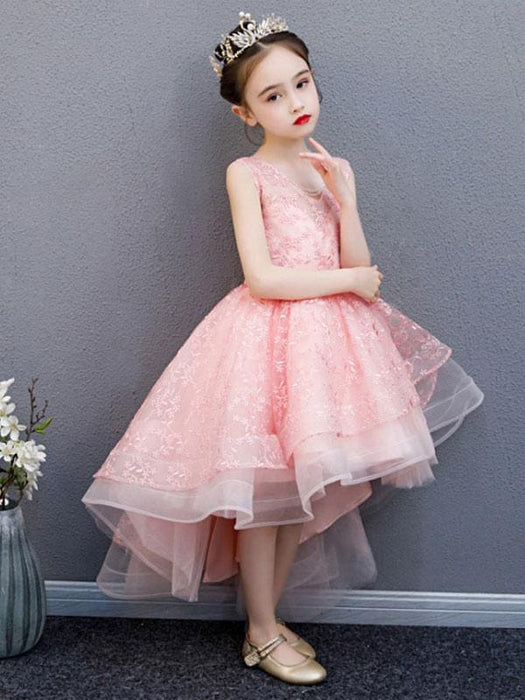 Flower Girl Dresses V-Neck Lace Sleeveless Asymmetrical Princess Silhouette Bows Kids Party Dresses