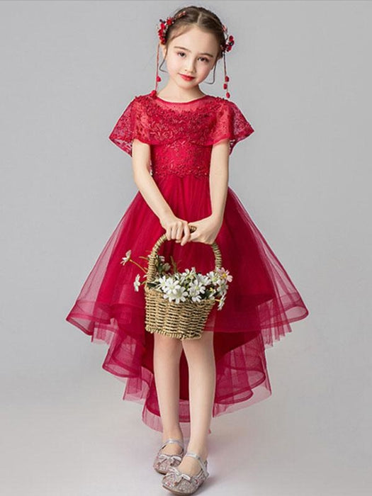 Flower Girl Dresses Jewel Neck Tulle Sleeveless Asymmetrical Princess Silhouette Embroidered Kids Party Dresses