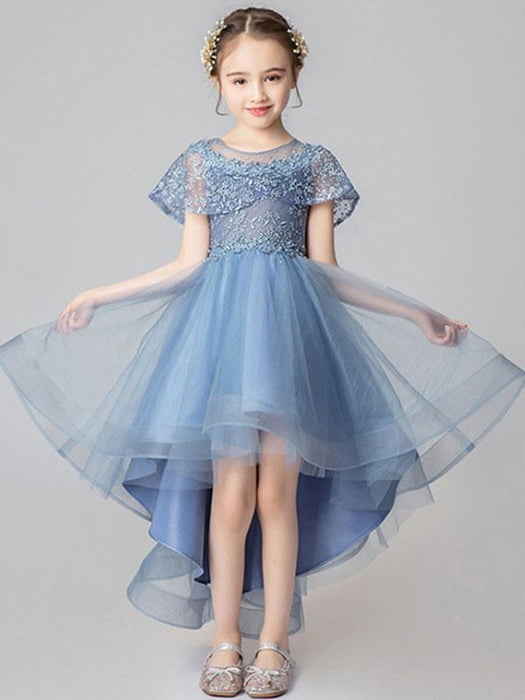 Flower Girl Dresses Jewel Neck Tulle Sleeveless Asymmetrical Princess Silhouette Embroidered Kids Party Dresses