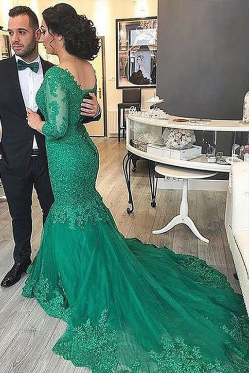 Attractive Amazing Modest Green Mermaid V-neck Tulle Applique 3/4 Sleeves Long Plus Size Prom Dresses - Prom Dresses