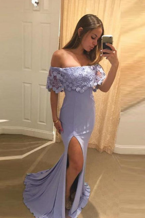 Attractive Excellent Exquisite Lavender Off Shoulder Mermaid Split Evening with Lace Sexy Slit Prom Dress - Prom Dresses