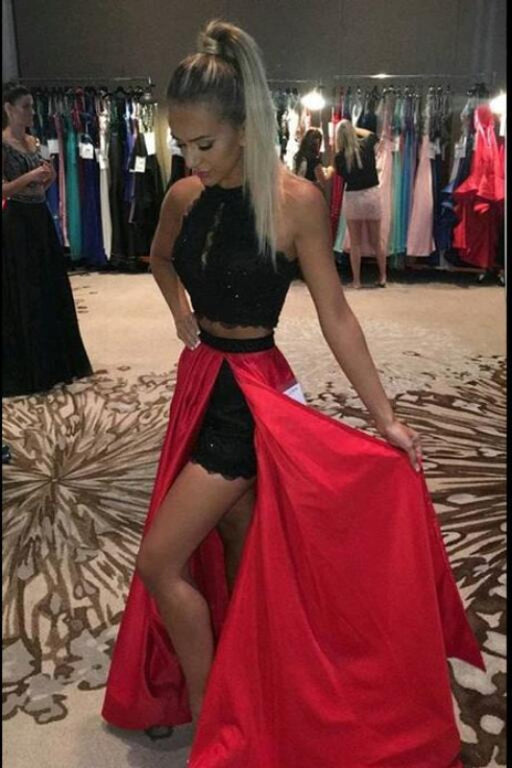 Attractive Excellent Red and Black A-line Jewel Split Sleeveless Lace Long Prom Party Dress - Prom Dresses