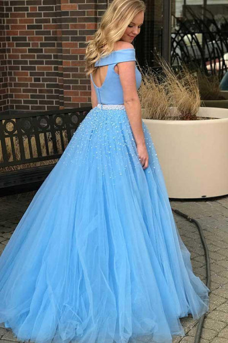 Attractive Excellent Two Piece A-line Off the Shoulder Open Back Light Blue Long Prom Dress with Beads - Prom Dresses