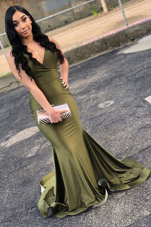 Attractive Green V Neck Floor Length Mermaid Prom Dresses - Prom Dresses