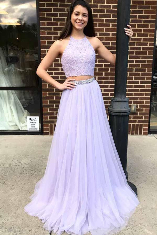 Attractive Modest Two Piece Halter Lavender Prom With Beading Floor Length Tulle Evening Dress - Prom Dresses