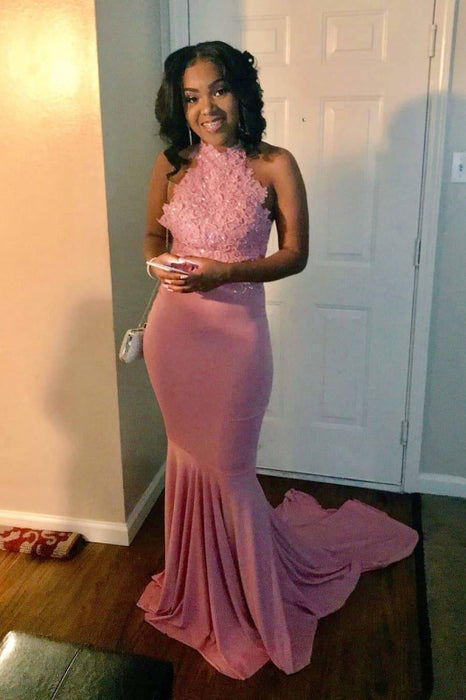 Attractive Pink Halter Backless Long Mermaid Prom Dresses with Train - Prom Dresses