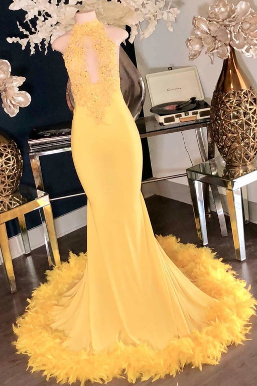 Attractive Yellow Halter Sleeveless Open Back Long Mermaid Prom Dresses - Prom Dresses