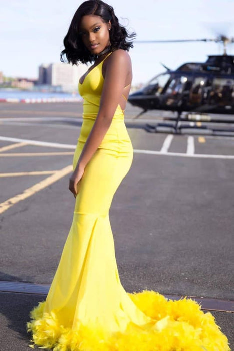 Attractive Yellow Mermaid Simple Long Prom Dresses Cheap - Bridelily Attractive Yellow Mermaid Simple Long Prom Dresses Cheap - Bridelily