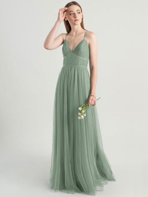 Avocado Green Evening Dress Sleeveless A-Line V-Neck Matte Satin Floor-Length Pleated Social Party Dresses