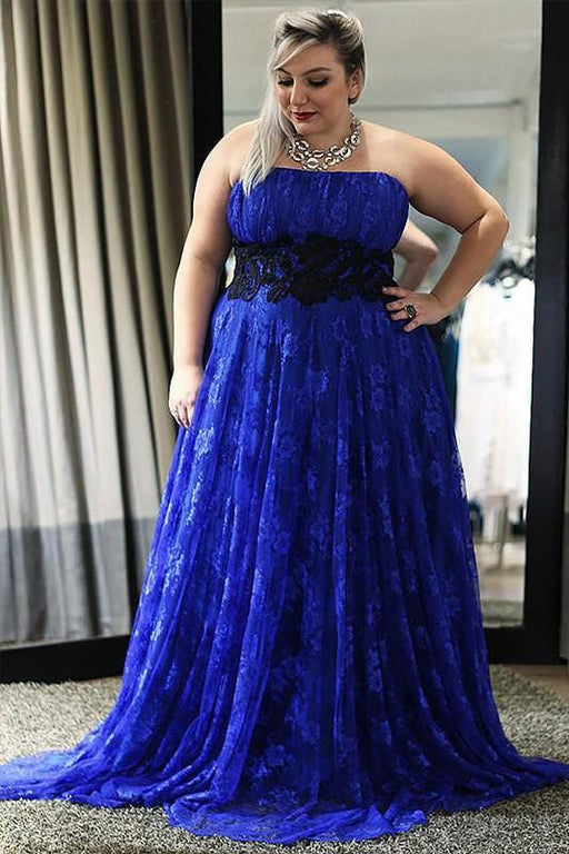 Awesome Affordable Fabulous Strapless Royal Blue Plus Size Lace Long Prom Cheap Custom Made Dress - Prom Dresses