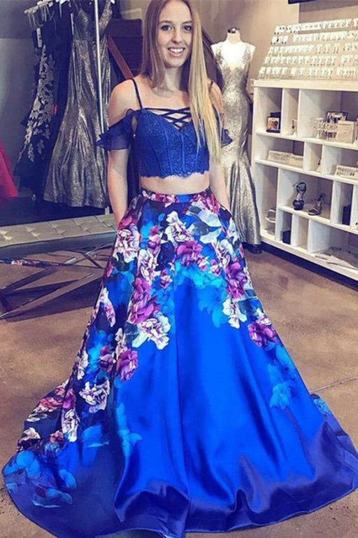 Awesome Amazing Two Piece Cold Shoulder Satin Royal Blue Prom with Pockets Fashion Formal Dress - Prom Dresses
