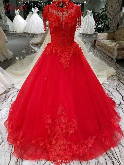 Awesome Appliques Tulle Ball Gown Wedding Dresses - Red / Floor Length - wedding dresses