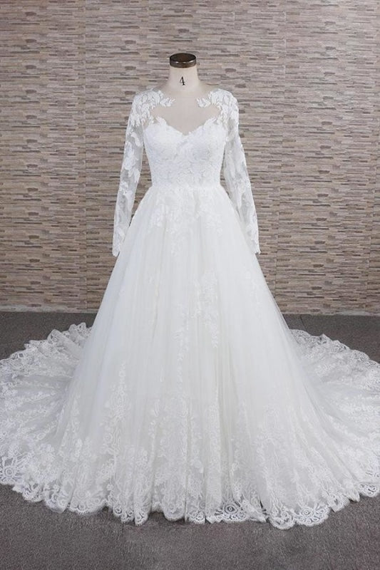 Awesome Applqiues Tulle Long Sleeve Wedding Dress - Wedding Dresses
