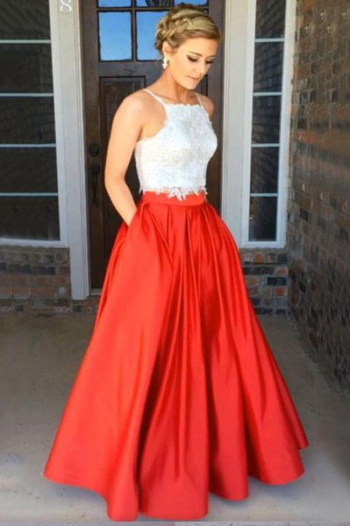 Awesome Fascinating Fashion Red Two Piece Square Neck Satin with Appliques Lace Prom Dress Long - Prom Dresses