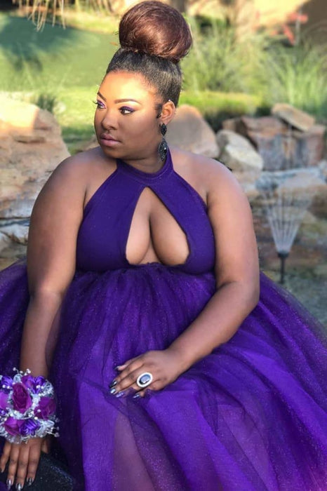 Awesome Halter Sleeveless Purple Plus Size Sequin Prom Dresses - Prom Dresses