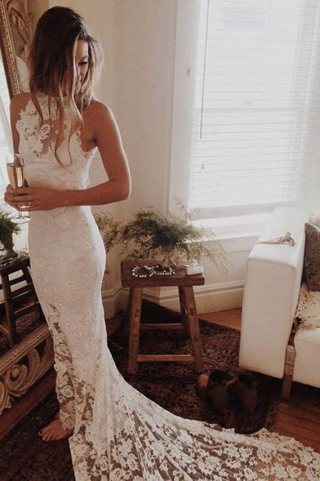 Romantic Lace Mermaid Bohemian Wedding Dresses - Bridelily Romantic Lace Mermaid Bohemian Wedding Dresses - Bridelily