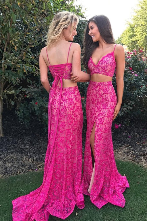 Awesome Latest Wonderful Fuchsia Two Piece Mermaid Spaghetti Straps Lace Split Prom Sexy Party Dress - Prom Dresses