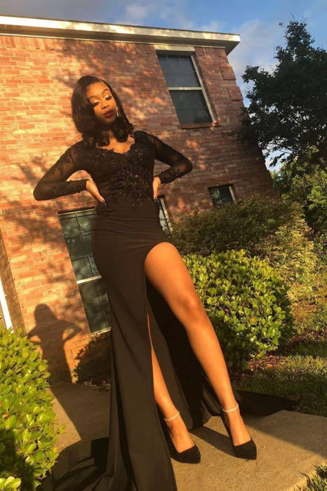 Awesome Long Sleeves Side Slit Lace Long Prom Dresses - Prom Dresses