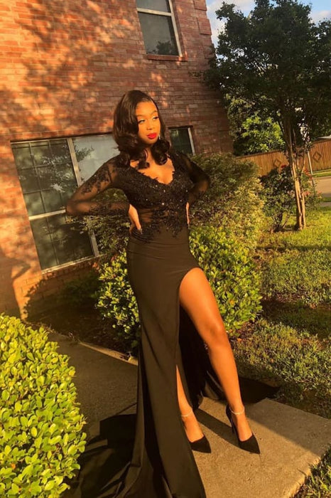 Awesome Long Sleeves Side Slit Lace Long Prom Dresses - Prom Dresses