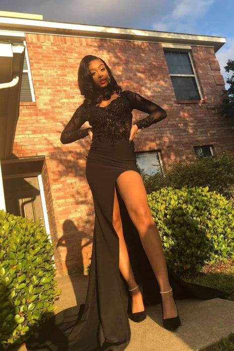Awesome Long Sleeves Side Slit Lace Long Prom Dresses - Prom Dresses