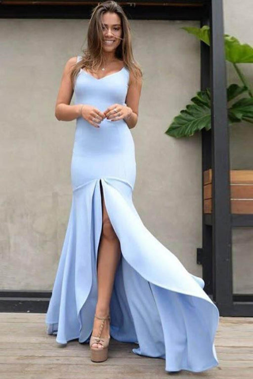 Awesome Precious Glorious Sexy Sleeveless Straps Mermaid Prom with Split Long Backless Light Blue Evening Dress - Prom Dresses