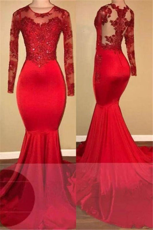 B| Bridelily 2020 Long Sleeve Mermaid Lace Tulle Prom Dresses - Prom Dresses