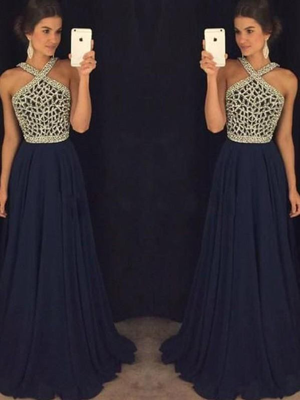 A-Line/Elegant Halter Sleeveless Chiffon Lace Prom Dresses main image 1