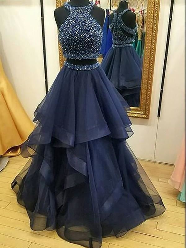 B| Bridelily A-Line Sleeveless Halter Tulle With Beading Floor-Length Two Piece Dresses - Prom Dresses