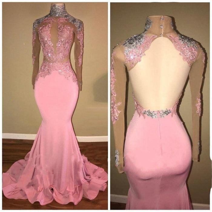 B| Bridelily Elegant Mermaid High Neck Lace Appliques Beaded Prom Dresses - Prom Dresses