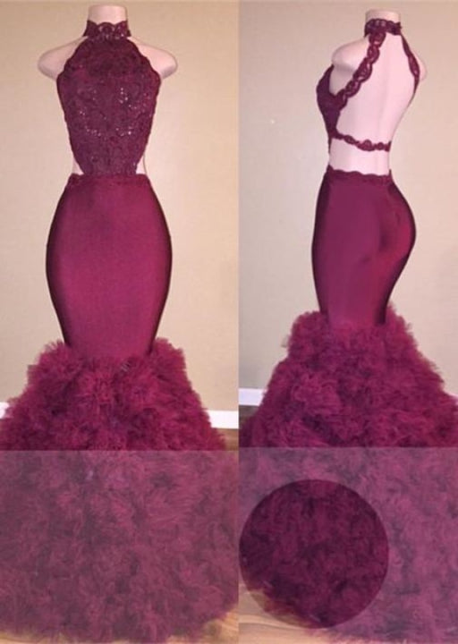 B| Bridelily Glamorous Mermaid Lace Backless Burgundy Prom Dress - Prom Dresses