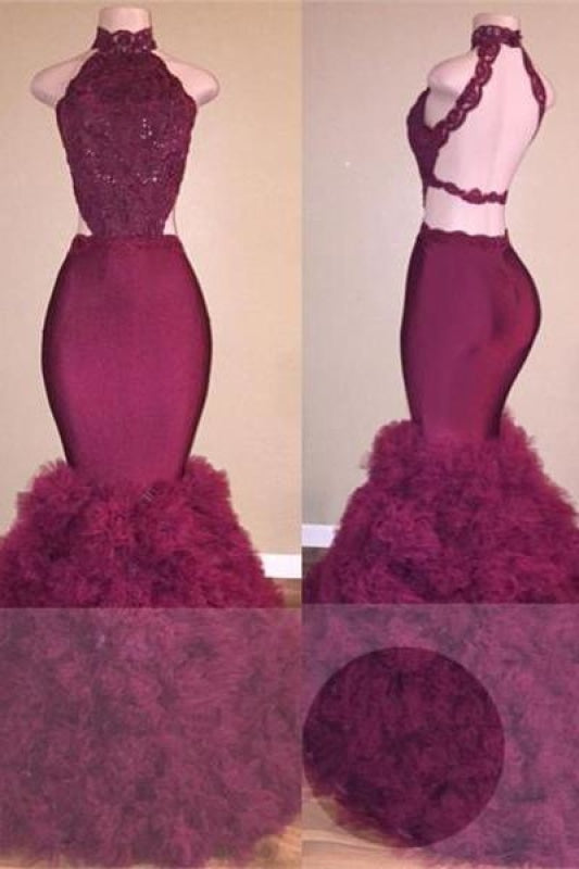 B| Bridelily Glamorous Mermaid Lace Backless Burgundy Prom Dress - Prom Dresses