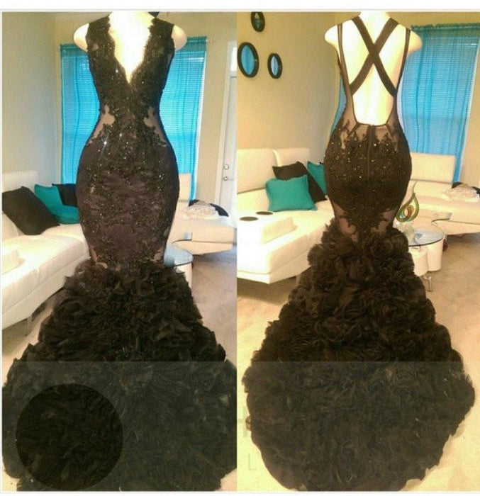 B| Bridelily Glamorous Mermaid V-Neck Tulle Appliques Open-Back Prom Dress - Prom Dresses