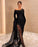 Black Lace Asymmetric Prom Dress with High Slit and Elegant Gloves