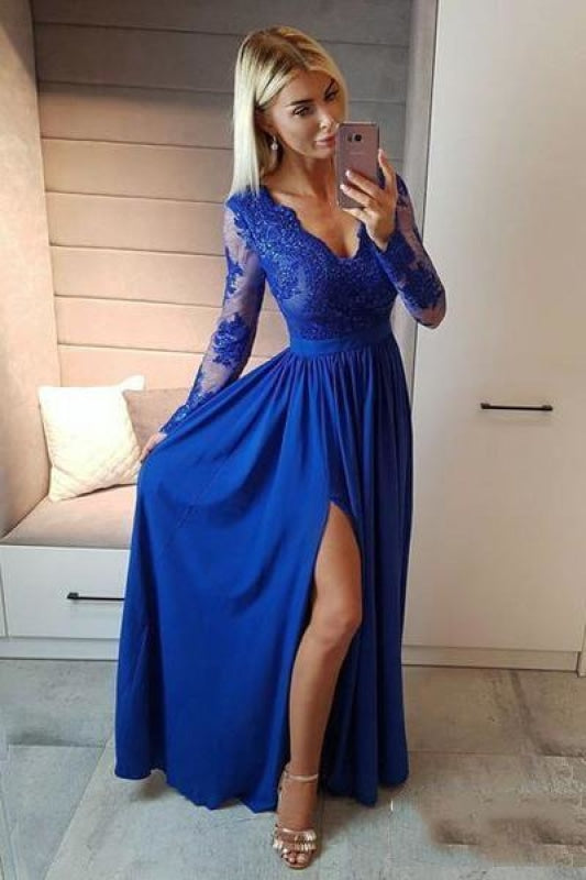 Royal Blue V Neck Long Sleeve Prom Floor Length Split Evening Dress with Lace - Prom Dresses