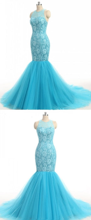 Baby Blue Lace O Neck Long Mermaid Prom Dress - Prom Dresses