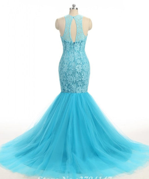 Baby Blue Lace O Neck Long Mermaid Prom Dress - Prom Dresses
