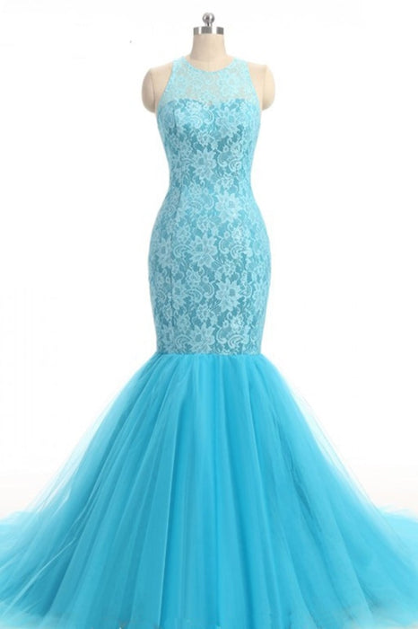 Baby Blue Lace O Neck Cute Long Prom Dresses Cheap - Bridelily