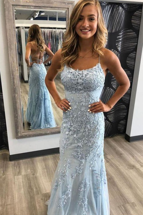 Spaghetti Strap Backless Light Sky Blue Mermaid Prom Dresses - Light Blue - Prom Dresses