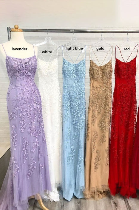 Spaghetti Strap Backless Light Sky Blue Mermaid Prom Dresses - Lavender - Prom Dresses
