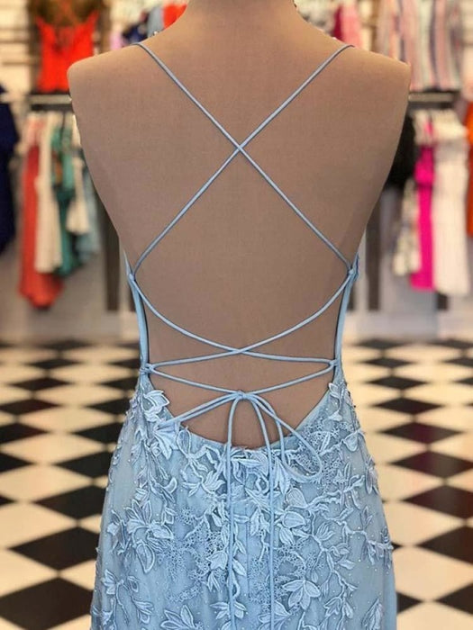 Spaghetti Strap Backless Light Sky Blue Mermaid Prom Dresses - Prom Dresses