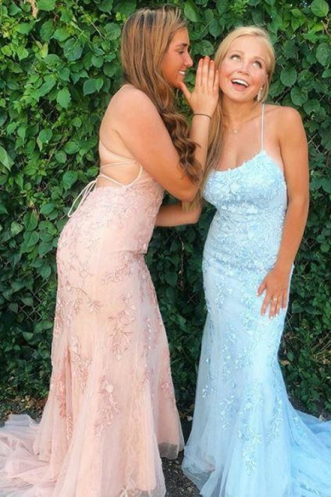 Spaghetti Strap Backless Light Sky Blue Mermaid Prom Dresses - Pink - Prom Dresses
