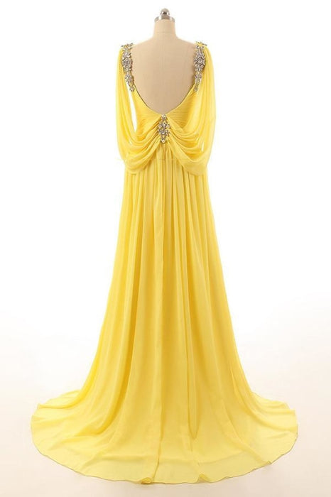 Backless A Line Yellow Beading Prom Dress - Prom Dresses