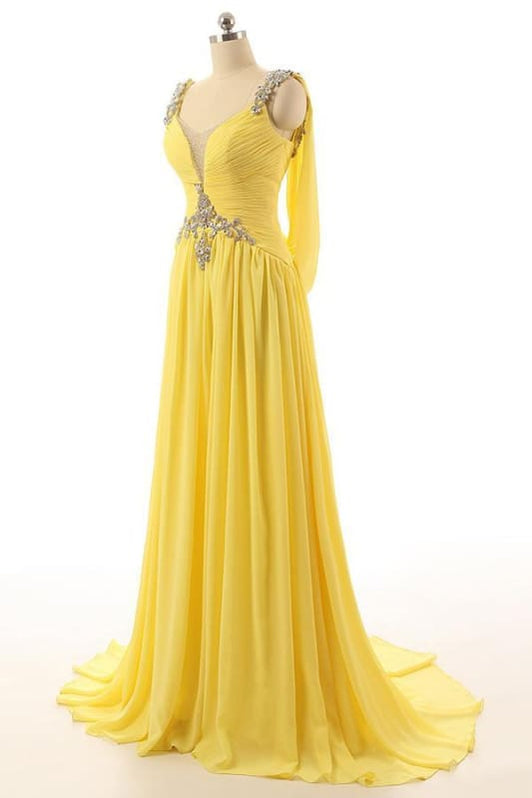 Yellow A Line Long Sleeve Emerald Retract Your Waist Prom Dress